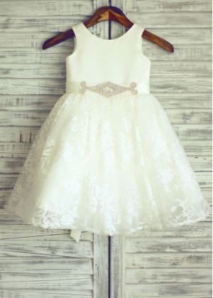Ivory Satin Lace On-trend Flower Girl Dress With Beaded Sash